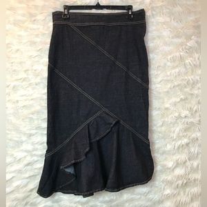Encore Pencil Jean Skirt with Ruffle, Dark Blue, zipper size Large